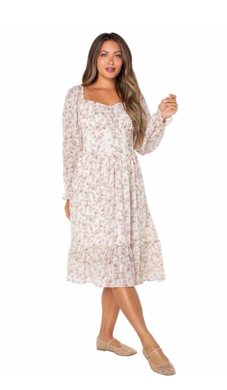 Celebrity Pink Floral Smocked Midi Dress L Square Neck Long Sleeve Cottagecore